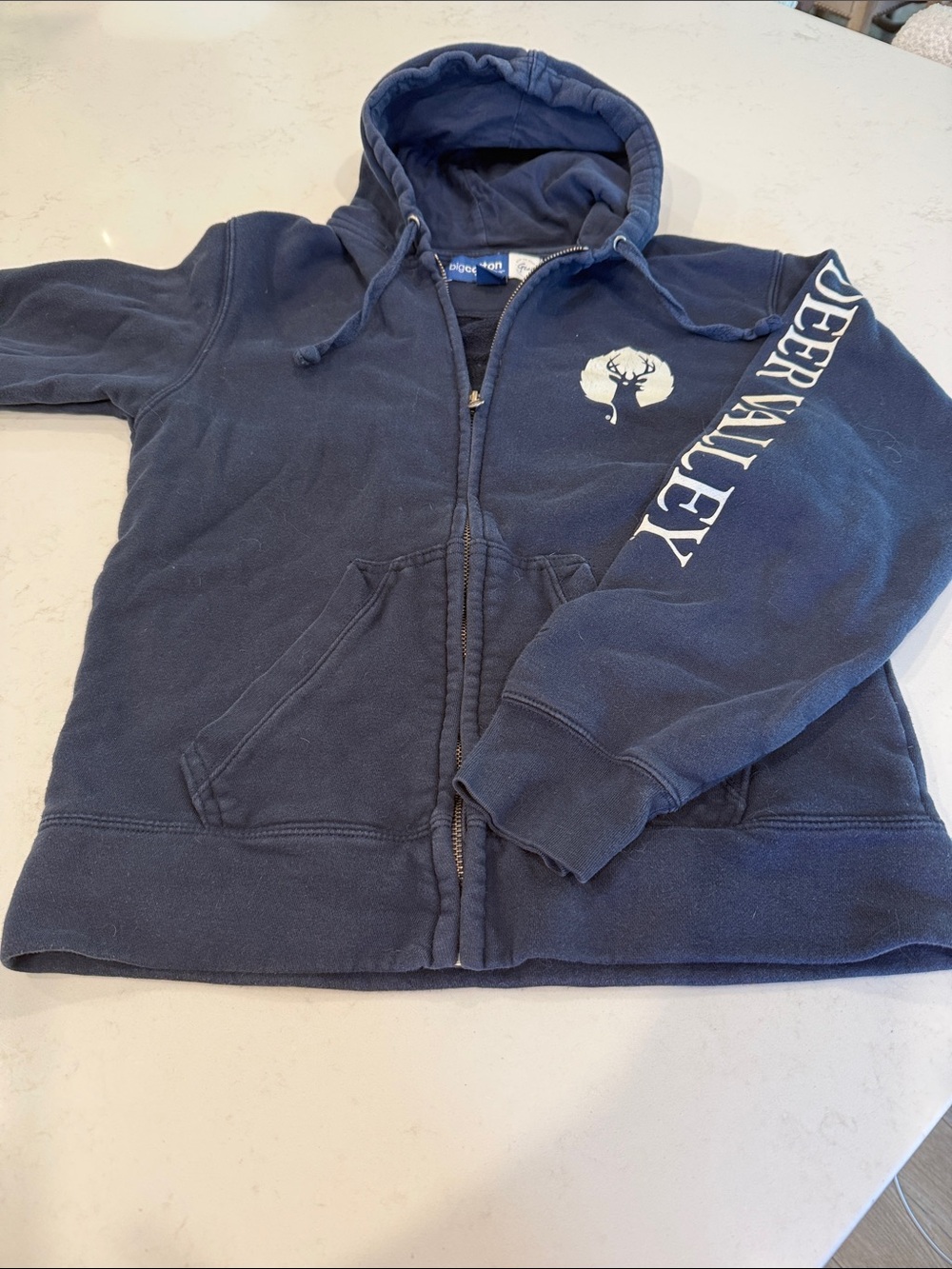 Deer Valley Navy Zip Hoodie with White logo unisex size Small